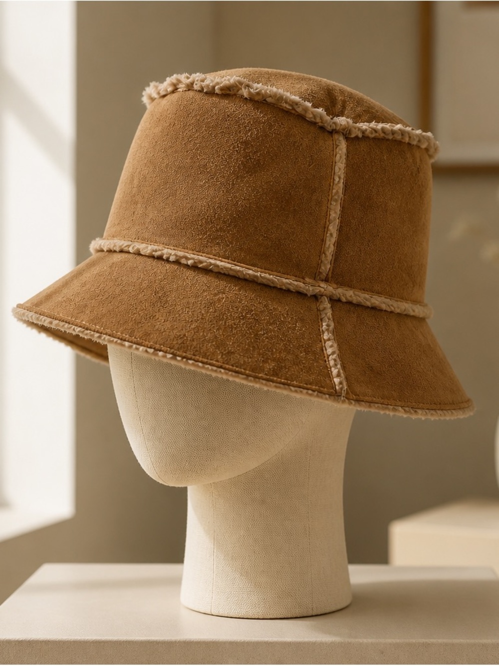 Suede Shearling Trim Bucket Hat - Camel